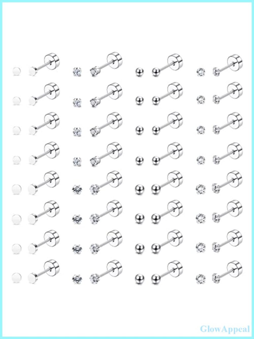 16 Pairs Flat Back Earrings, 316L Surgical Steel CZ Cartilage Stud Earring Set